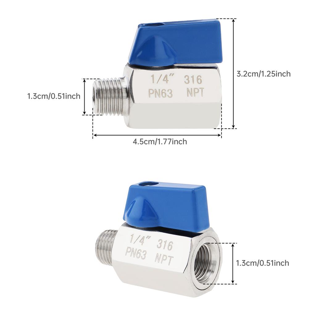 1/4inch NPT Female Male Thread 316 Stainless Steel Mini Ball Valve for Water / Motorcycle Tank, Heavy Duty Ball Valve Shut-off Valve