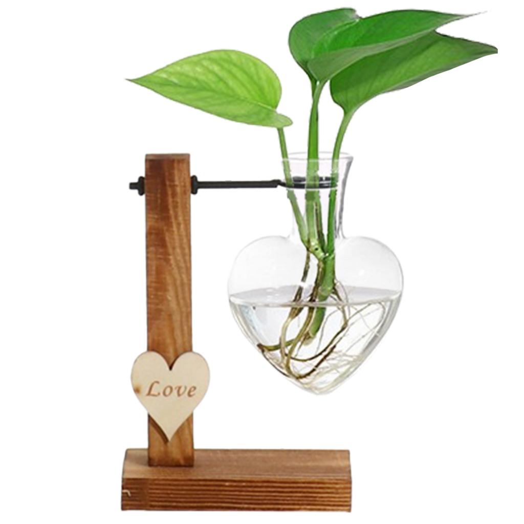 1Pc Heart Shape Hydroponic Vase Desktop Glass Plant Terrarium with Wood Support Stand Glass Vase Water Plant Propagation Station