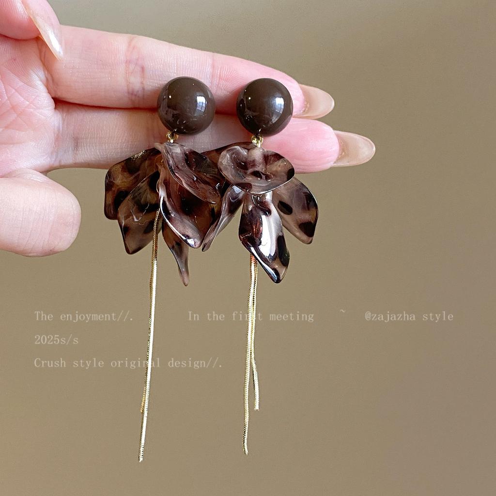 European and American retro fabric flower fringed leopard print earrings earrings personalized temperament earrings women