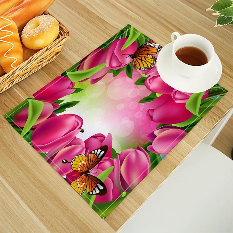 

Tulips Print Linen Dining Table Mats Alphabet Kitchen Placemat 30X45cm Coasters Pads Bowl Cup Mat 2pcs 30x45cm