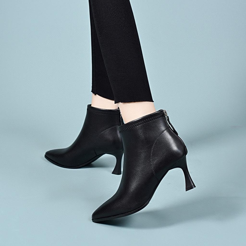 Pointed short boots women's autumn and winter simple temperament fashion boots black thin rear zipper leather boots cotton boots