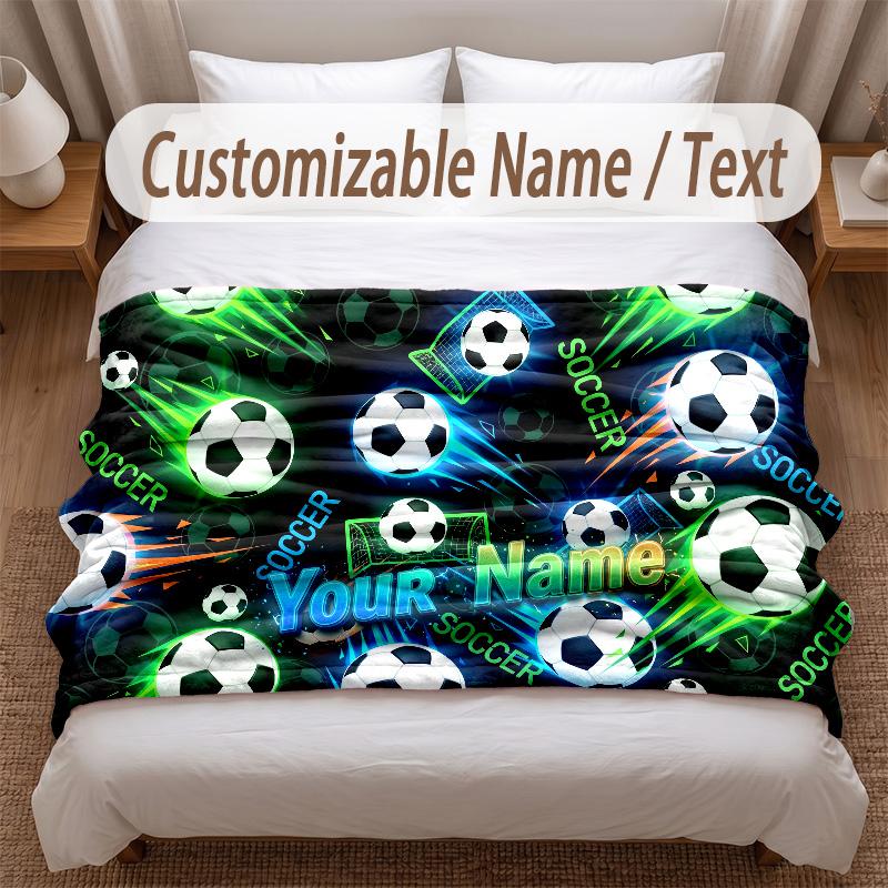 Soccer Theme Soft Blanket Personalized Custom Name Text Print Warm Blanket Home Sofa Bedroom Decor