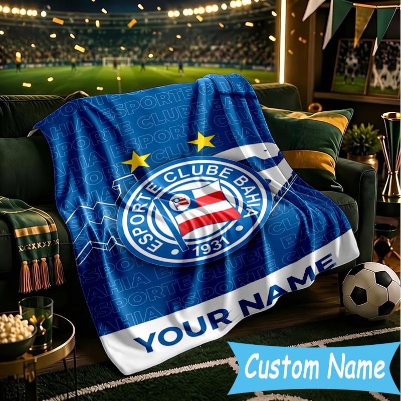Custom Name Bahia Fc Crest Design Flannel Blanket, Use for Birthday/Holiday Gift, Soft Blanket for Sofa/Bed/Camping/Office, Home Decor