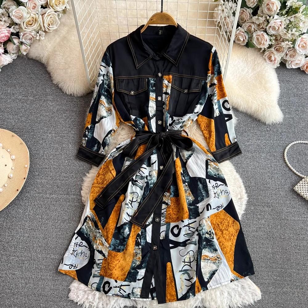 Sukienka koszulowa Vintage Autumn Lapel Collar Wysokiej jakości damska jednorzędowa czerwona kwiatowa z nadrukiem Patchwork sznurowany pasek luźne ubrania