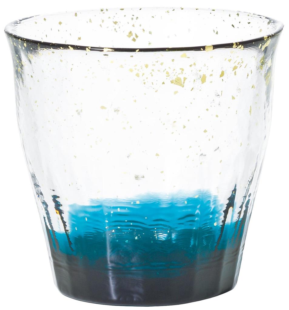 ADERIA Tsugaru Vidro Ice Flower Gold-Rimmed Rock Glass, Blue, 300ml, Made in Japan, Comes in a Dedicated Wooden Box, F71467