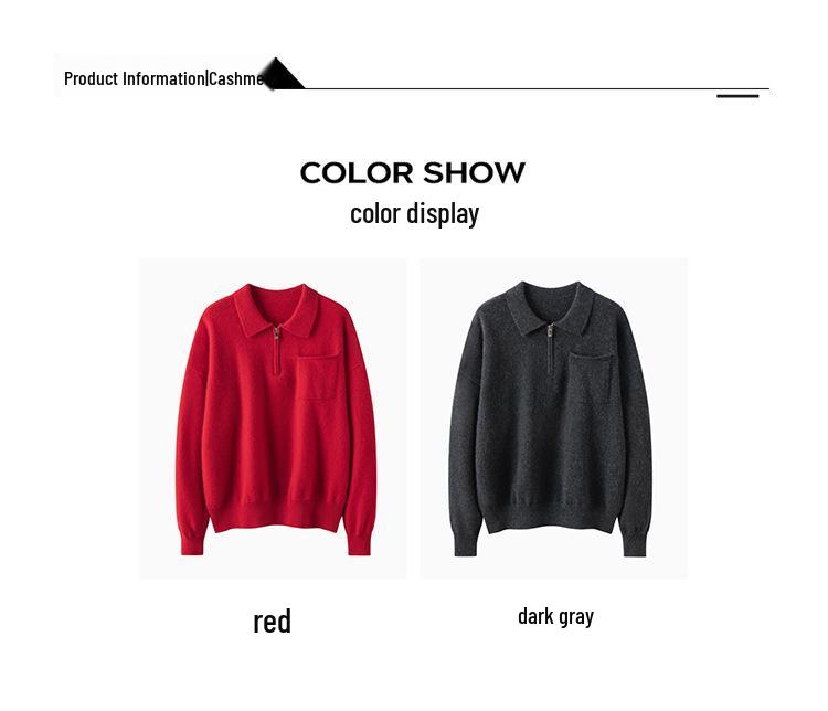 Women's Polo Neck Half-Zip Cashmere Sweater - Light, Elegant, Long Sleeve Pullover for Autumn/Winter.