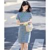 Women's New Chinese Style Plaid Short-Sleeved Qipao Midi Dress