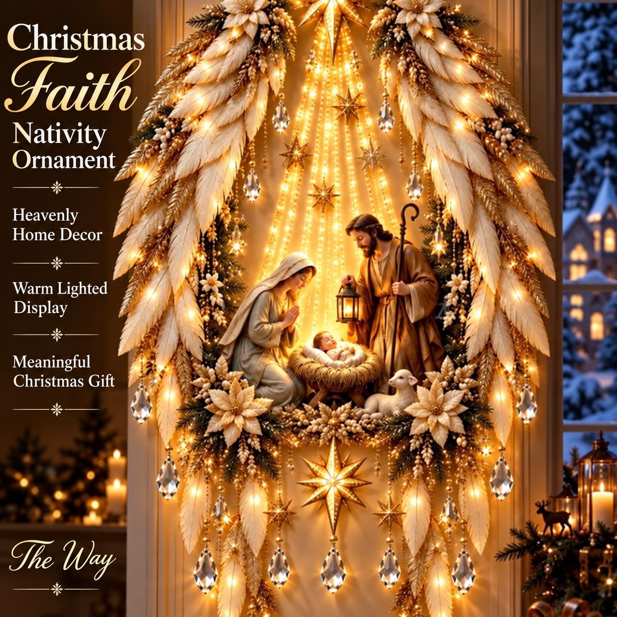 Verlichte Kerststal Wanddecoratie met Warm Witte LED Ster en Dennenguirlande Decor