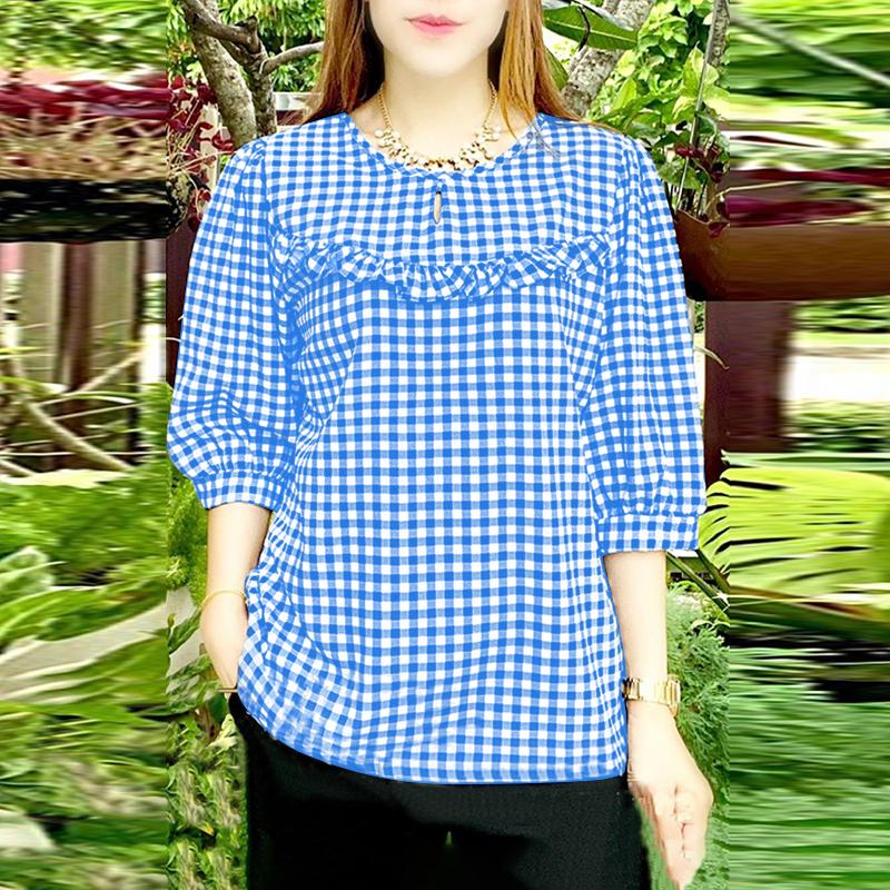 

ZANZEA Женские летние блузки в клетку с круглым вырезом и рукавом 3/4 5XL