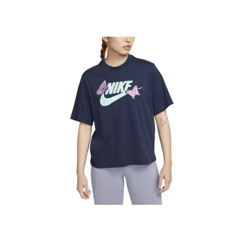 New Nike Women'ss Butterfly Print Crewneck T-Shirt Navy FD2526-410