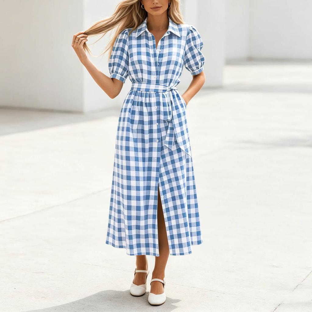 Women Casual Shirt Dress Midi Length Button Front Dress with Belted Waist and Short Sleeve Turn Down Collar Plaid Pattern