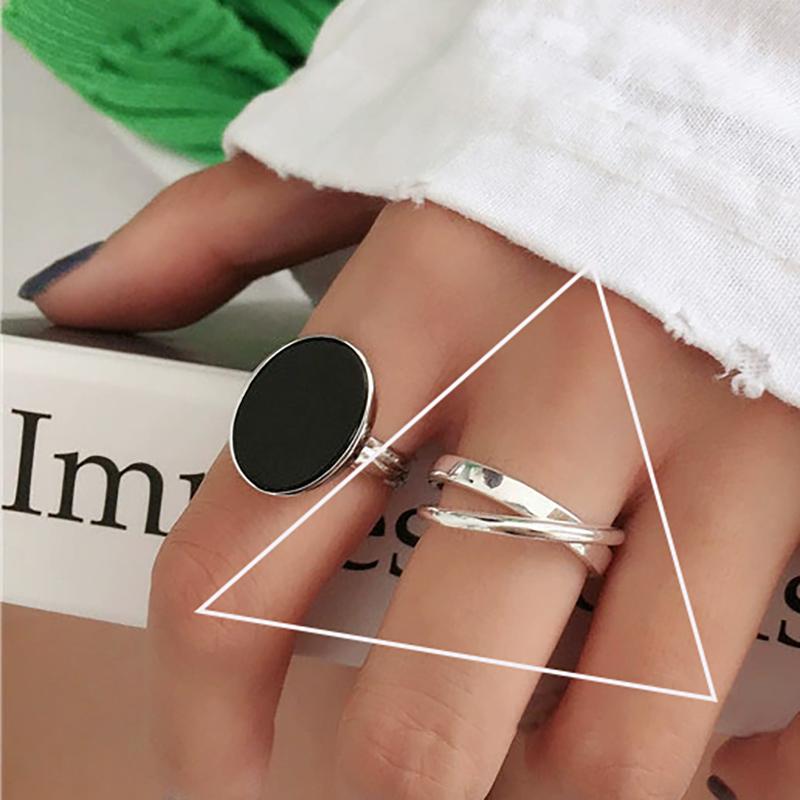 925 Sterling Zilveren Ring voor Vrouwen Meisje Gift Blace Steen Kristal Glazuur Retro Punk Open Sieraden Dropship Groothandel