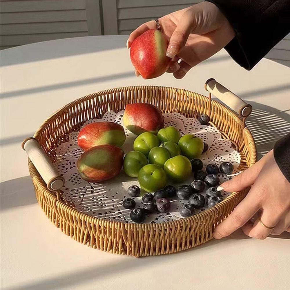 Handmade Round Rattan Storage Tray Plastic Bread Fruit Storage Tray Wicker Storage Baskets  Office