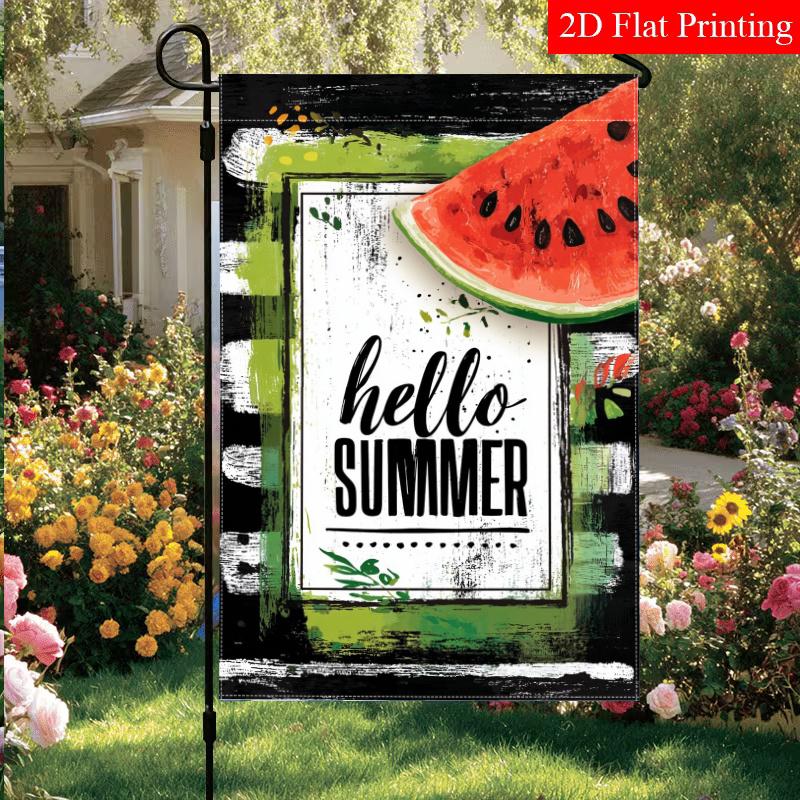 2D Flat - 2D Flat Hello Summer Watermelon Water Buffalo Checkered Garden Flag 4-28X40 Inch Outdoor Garden Flag Double-Sided Home Decoration Courtyard