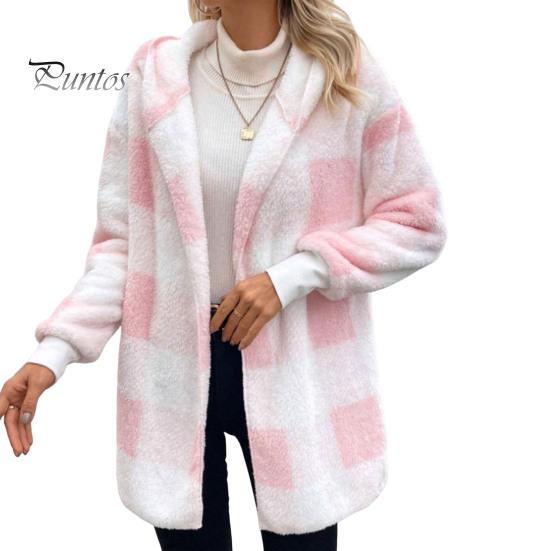 

Женское зимнее пальто с контрастным клетчатым принтом, плотный двухсторонний бархат, капюшон, ажурные швы, эластичные манжеты, свободное, сохраняющее тепло пальто M розовый