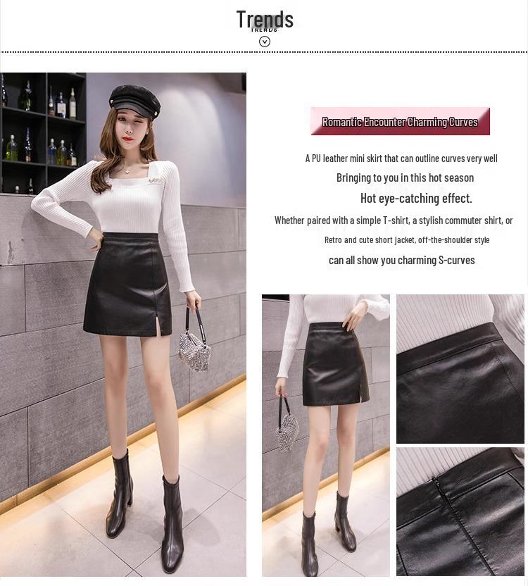 Petite High-Waist Black Leather A-Line Skirt - Autumn/Winter Wrap with Hip Split