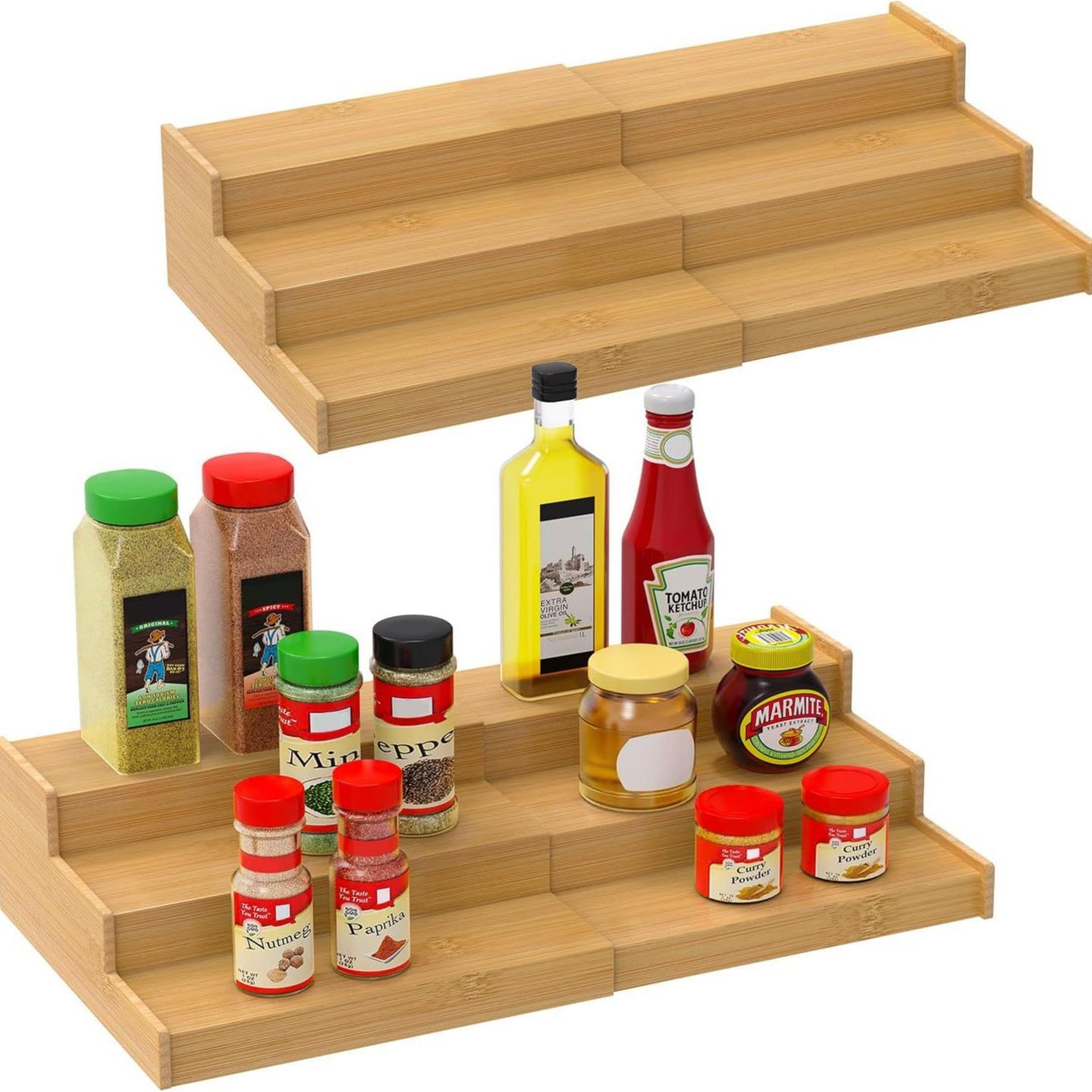 3-Tier Spice Organizer Rack Natural Bamboo Expandable Kitchen Storage Shelf A