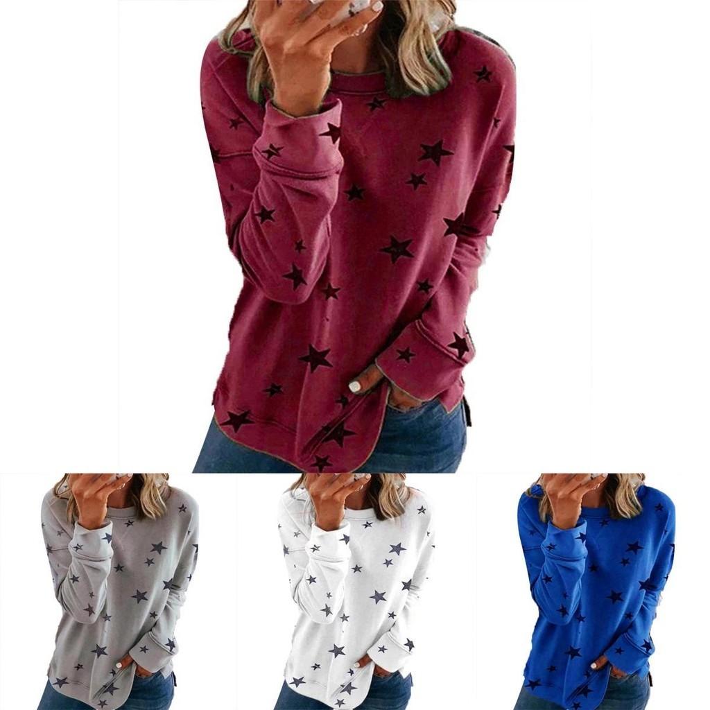 Women Casual Tunic Crew Neck Long Sleeve Star Print Tee Top Blouse For Daily Comfort And Style