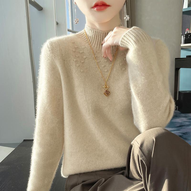 Sieben-Nadel verdickter Rollkragen-Pullover mit Jacquardmuster und Unterhemd innen, hochwertiges einfarbiges Oberteil