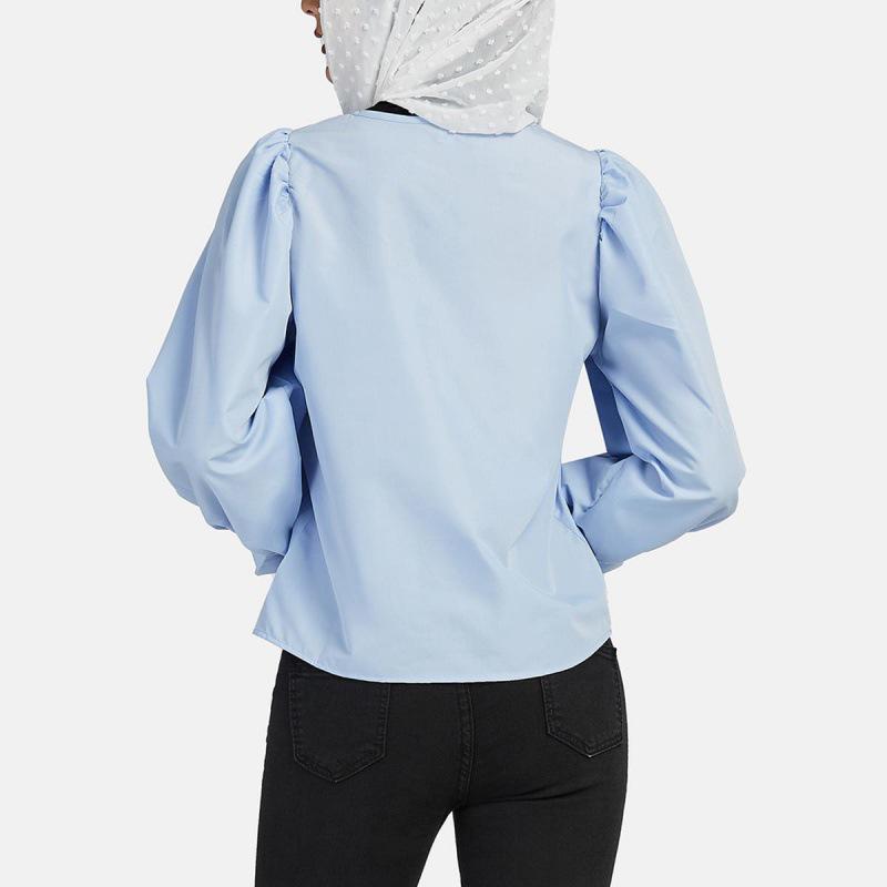 Women's Korean Fashion Lantern Sleeve Square Collar Shirt - Solid Color, Loose Fit