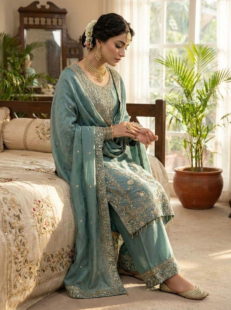 Beautiful Embroidered Gmy Silk Salwar Suit Palazzo Set Indian Women Bollywood Salwar Kameez
