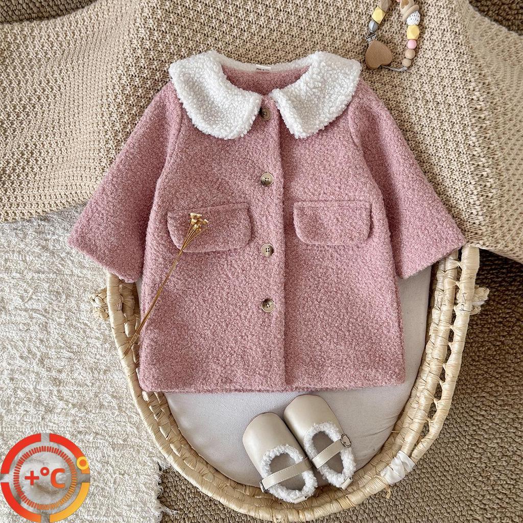 2025 New: Toddler French Chic Pink Wool Coat with White Fur Collar