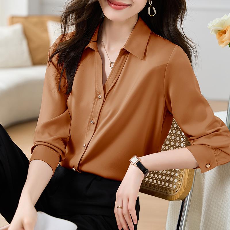 Women's Pink Long-Sleeve Shirt - Professional, Elegant, Perfect for Teacher Interviews, Mature Style, Ideal for Spring/Autumn.