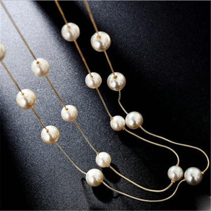 New Elegant Long Double Layer Simulated Pearl Necklace Women Sweater Chain Female Collares Statement Jewlery Accesories