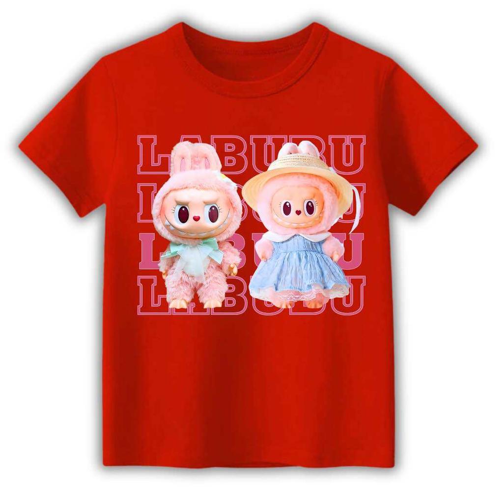 Summer LABUBU Pattern Children's T-shirt Cartoon Princess Skirt Labubu Printed Girl Round Neck Short Sleeve Casual Children's Top