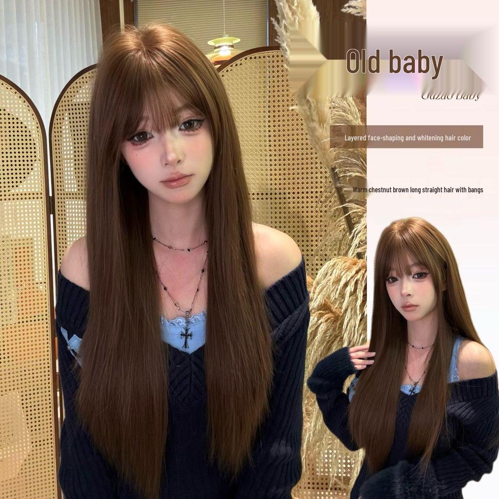 Women's Long Straight Wig with Bangs, Warm Tea Chestnut Brown - Full Head Coverage, Fluffy, Sweet or Cool Look