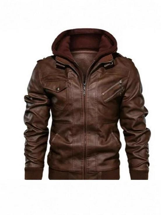 2025 Men's Plus Size PU Washed Leather Hooded Jacket, Two-piece Design.