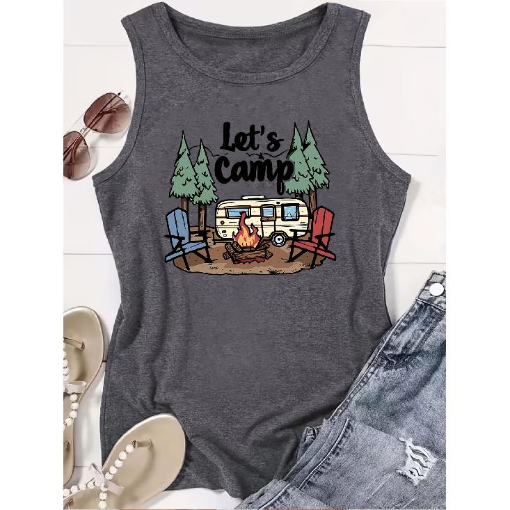 Elegant Vest for Women “Let s Camp” Camping RV Printed Casual Loose Summer Vest Fashionable and elegant tops for commuting, vacation, and S темно-серого