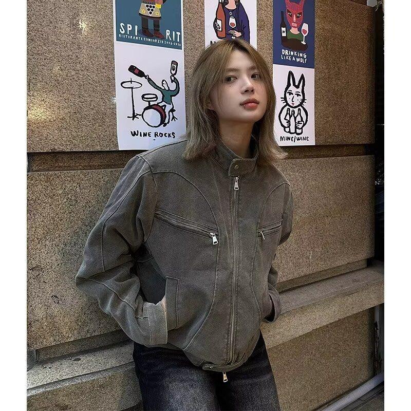 

Unisex Vintage Washed Distressed Denim Jacket with Stand-Up Collar for Spring and Autumn L сірий колір