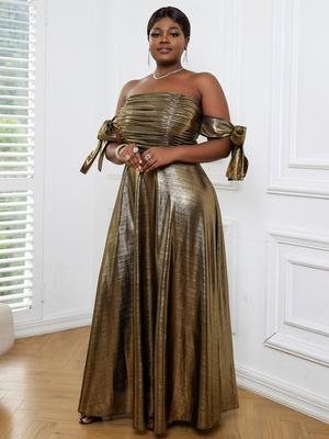 Błyszczące suknie balowe dla kobiet złote z odkrytymi ramionami metaliczne marszczenia Backless szata z wysokim stanem impreza wieczorowa elegancka luksusowa gwiazda Vestido