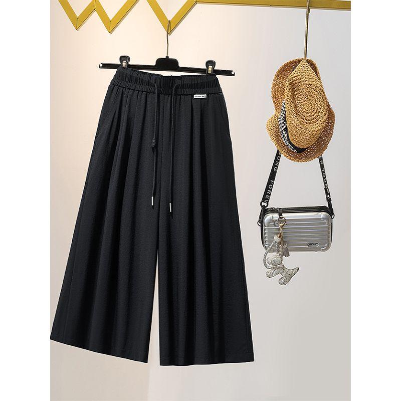 Japanese and Korean Plus Size Women's Clothing Artsy Summer High Waist Shoelace Thin Tencel Casual Cropped Wide Leg Culottes Trendy M-4XL