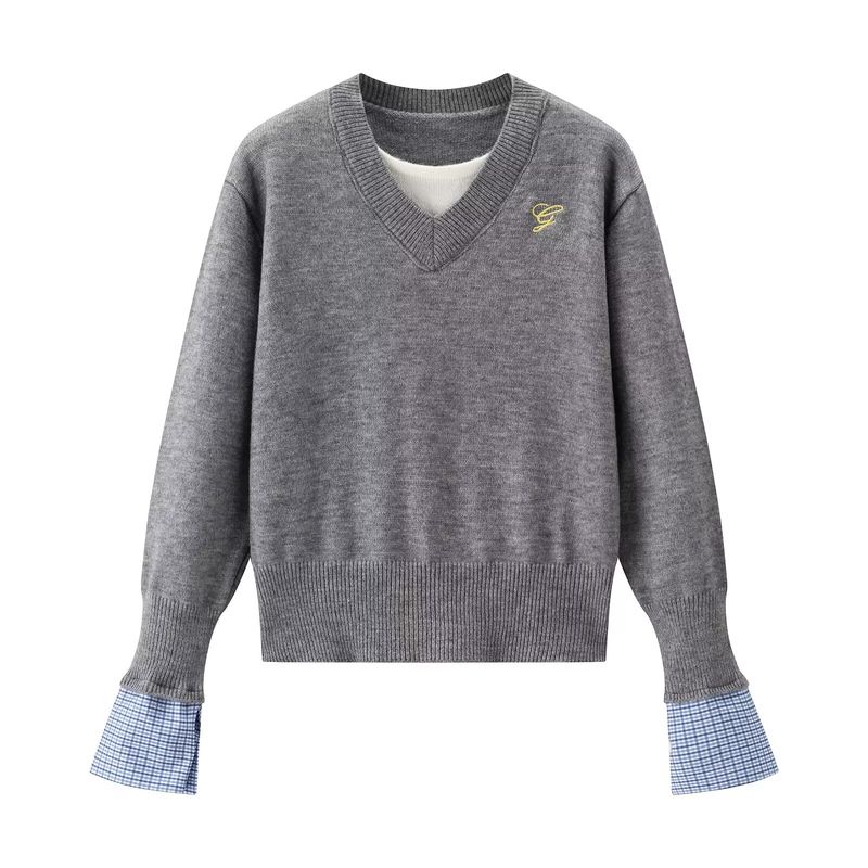 Jnleaog Autumn New Women Clothes Western Style French Style Design Fake Two Pieces Idle Style Sweater Knit Top