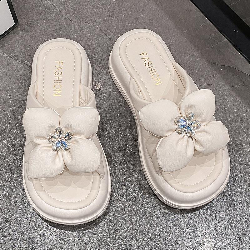 

Женские шлепанцы на платформе 2025 лето новая мода маффин и цветок на перемычке крутые шлепанцы 38 бежевый