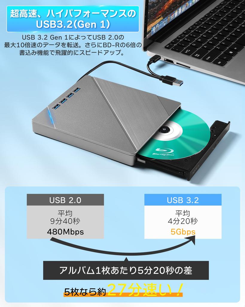 Externes USB externes BD silber [Neu 2025] Blu-ray-Laufwerk, Blu-ray-Laufwerk, 3.0 & Typ-C-Anschluss, BD/CD/DVD-Player, Lesen/Schreiben, Blu-ray-Player,