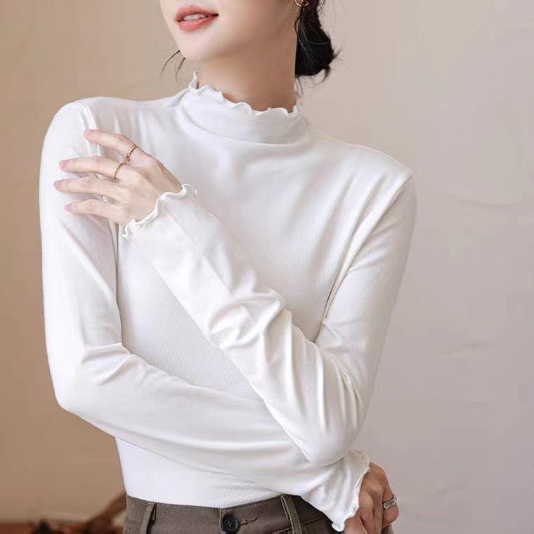 

European Half High Neck Ruffle Edge Women s Slim Fit Long Sleeve Solid Color T-shirt 3XL