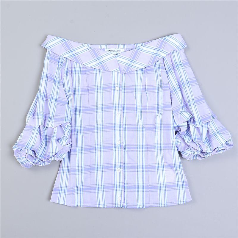 

Retro Pure Cotton Puff Sleeves Gingham Shirt 7.23 L79638 Sweet Niche Design Young Adult Purple Tops Summer 1 Purple S