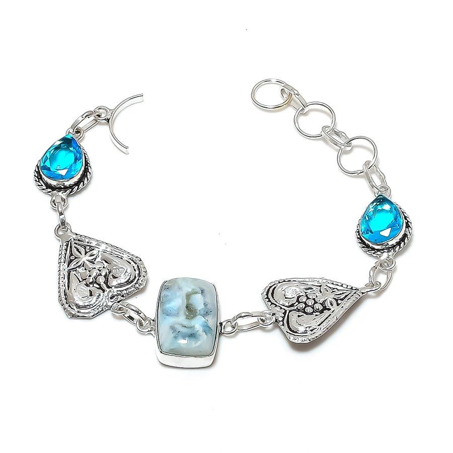 Natural Republic Larimar, Topaz Gemstone 925 Sterling Silver Bracelet 7-8  ASB-3022