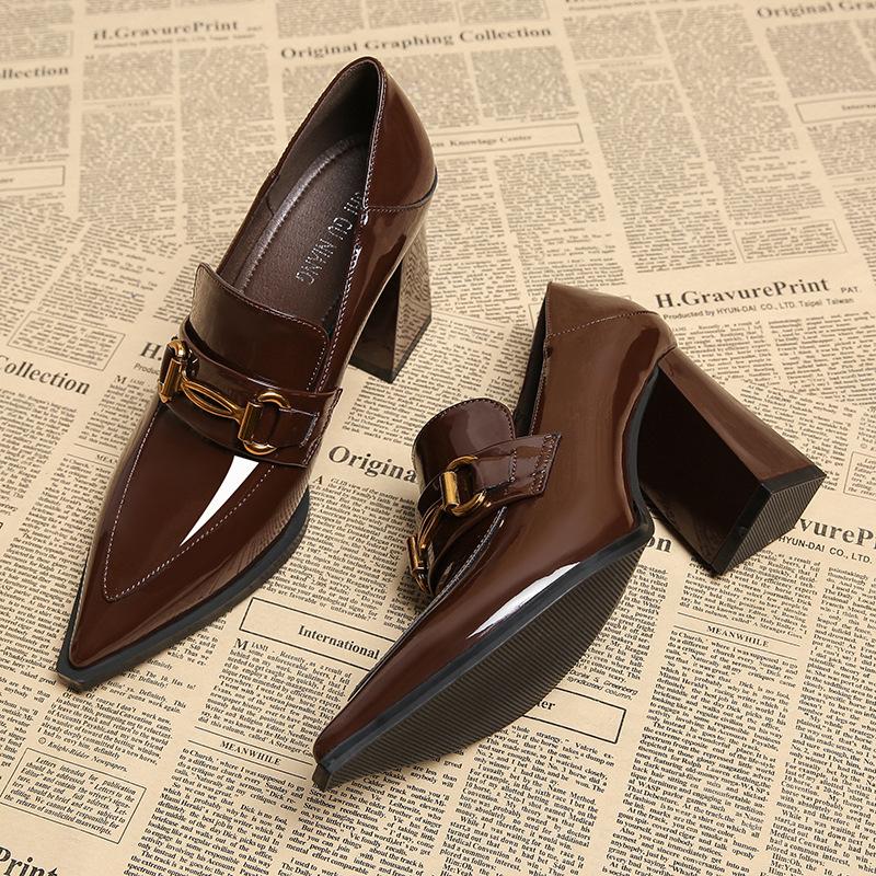 7912-2 Spring deep-mouth thick-heeled single shoes 2025 popular commuter uniform versatile pointed high-heeled small leather