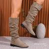 European and American Large Size Pile Suede Foot Western Boots Women's Tall Tube Round Head Solid Color Thick Heel Flat Bottom Fashion Boots