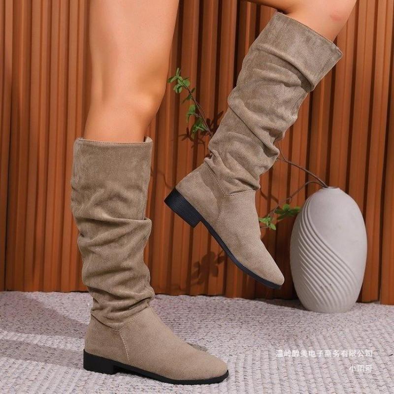 European and American Large Size Pile Suede Foot Western Boots Women's Tall Tube Round Head Solid Color Thick Heel Flat Bottom Fashion Boots