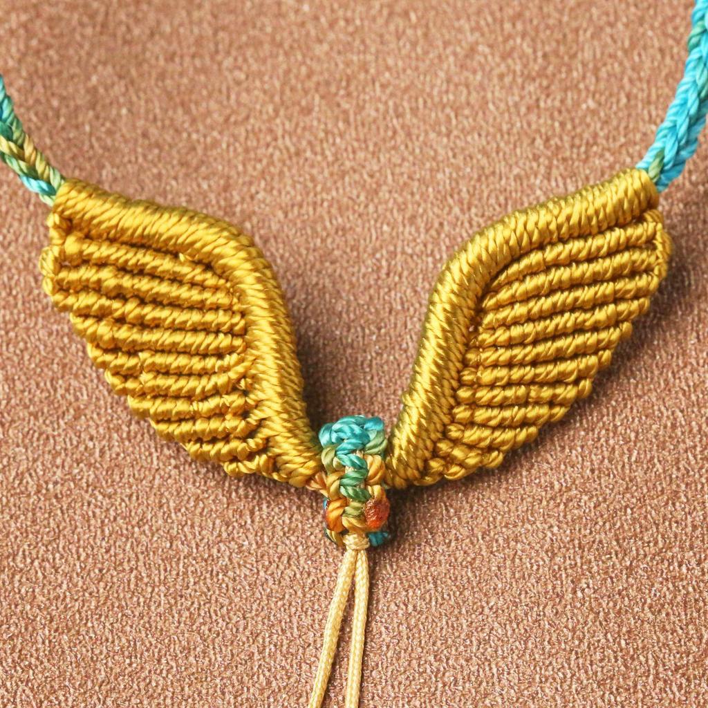 Handmade Angel Wings Woven Pendant Necklace with Rope Lanyard