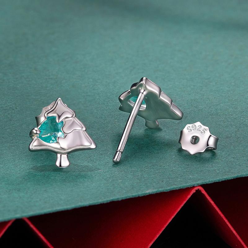 WOSTU Christmas Tree Earrings with Green Heart Zircon 925 Sterling Silver Stud Earring For Women Creative Xmas Jewelry Gift New