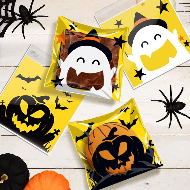100Pcs 10x10cm Halloween Series Printed Pumpkin Ghost Candy Baking Cookie Self-Adhesive Party Gift Packaging Bags