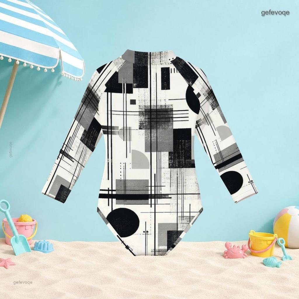 Girls High Neck Long Sleeve Front Zip Geometric Printed One Piece Swimsuit