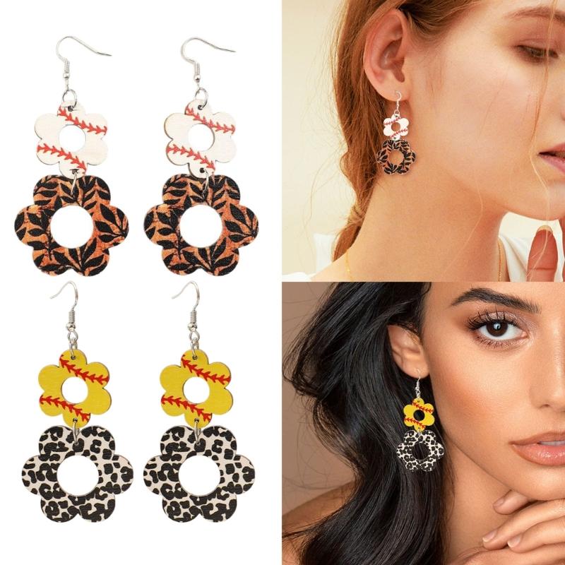 Retro Wood Earrings with Unique Hollow Flower and Cow Pattern Elegant Drop Ear Pendant for Stylish Ladies