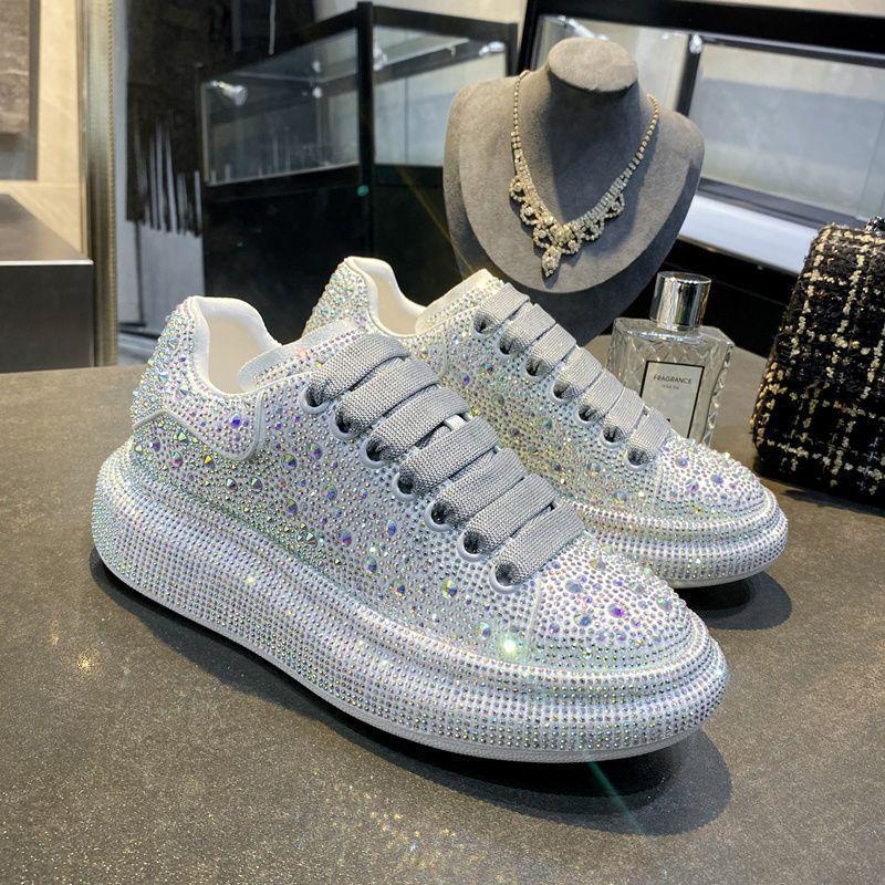 100 man diamond white shoes women's thick-soled rhinestone leather sports leisure belt diamond single shoes